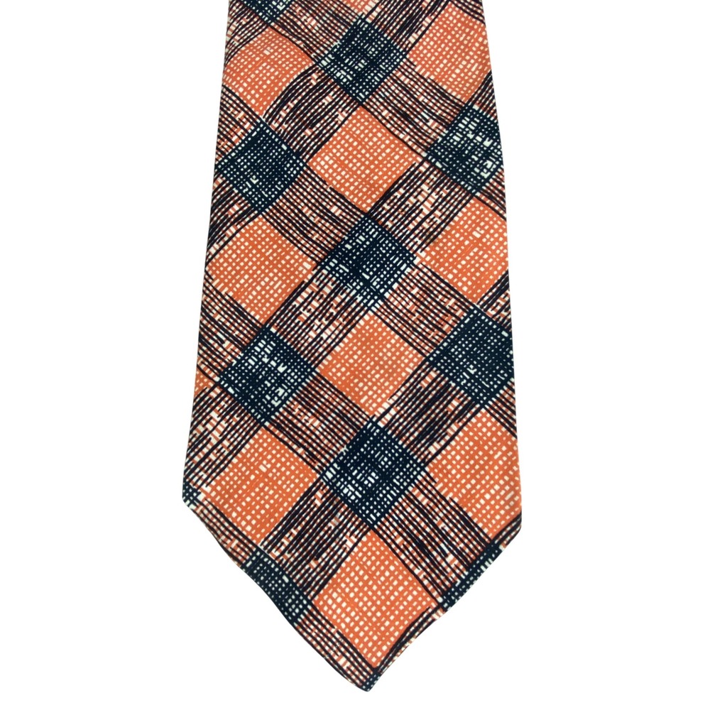 VTG Stewart's Baltimore Silk Tie Mens Orange Black Plaid Hand Block Printed 56x4